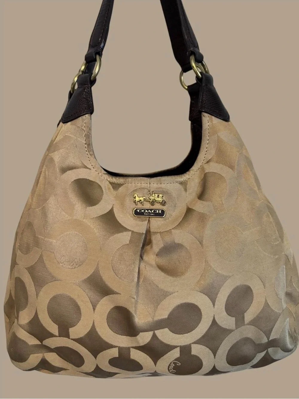 Coach Beige Signature Jacquard Shoulder Bag with Dark Brown Trim